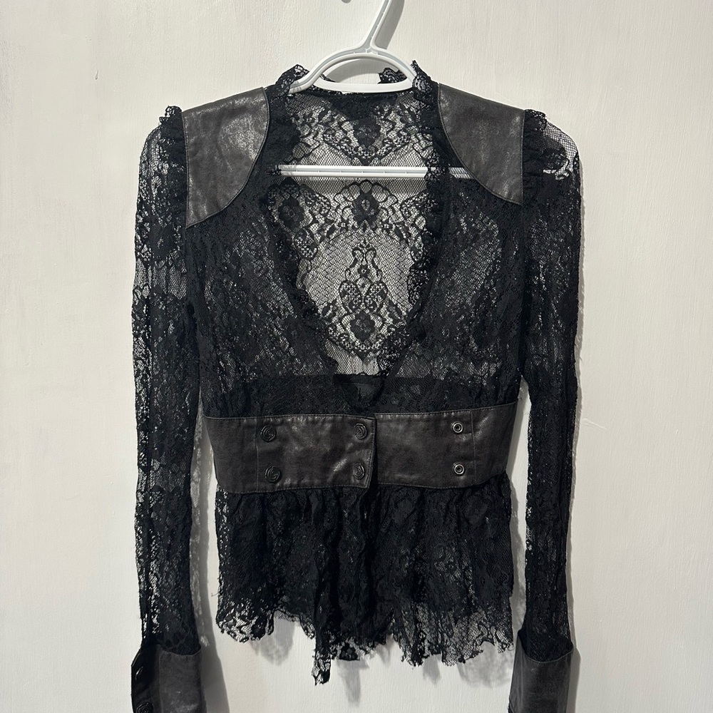 Blacklist Gothic Victorian Black Lace Top Lace and Leather Long Sleeve xs EUC